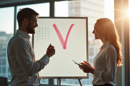 Jeune femme et homme en bureau moderne discutant carrière devant un tableau avec V