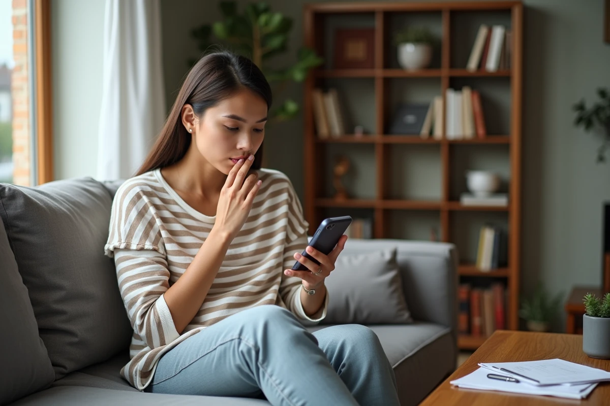 Jeune femme recherchant un numéro de téléphone inconnu sur internet dans son salon