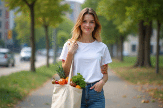 Jeune femme avec tote bag de produits frais en ville