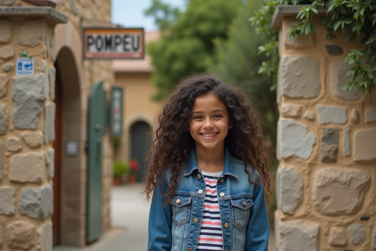 Jeune fille souriante devant panneau de village en pierre