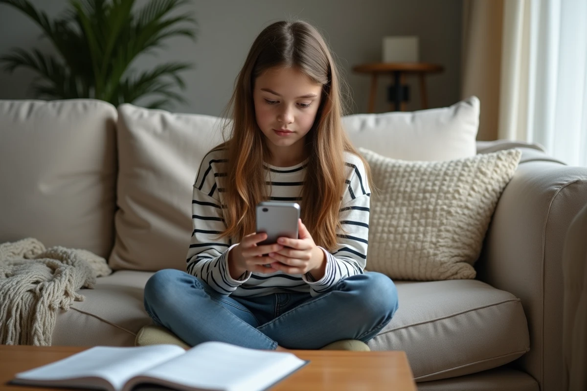 Jeune fille consultant son téléphone sur un canapé avec un cahier de grammaire ouvert, illustrant l'apprentissage de la conjugaison du verbe envoyer