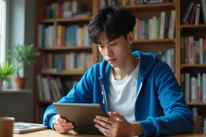 Jeune homme lisant manga Blue Lock sur tablette à la maison