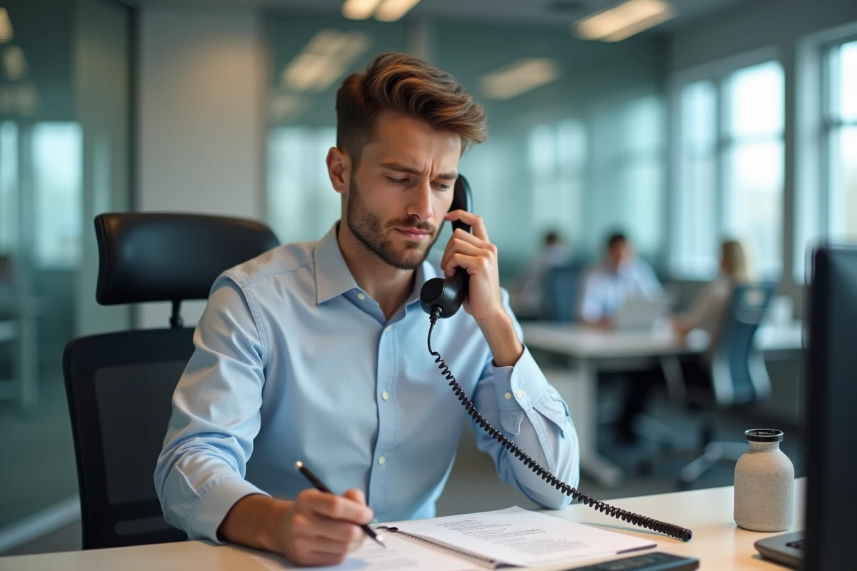 Jeune homme au bureau tenant un téléphone et regardant une liste