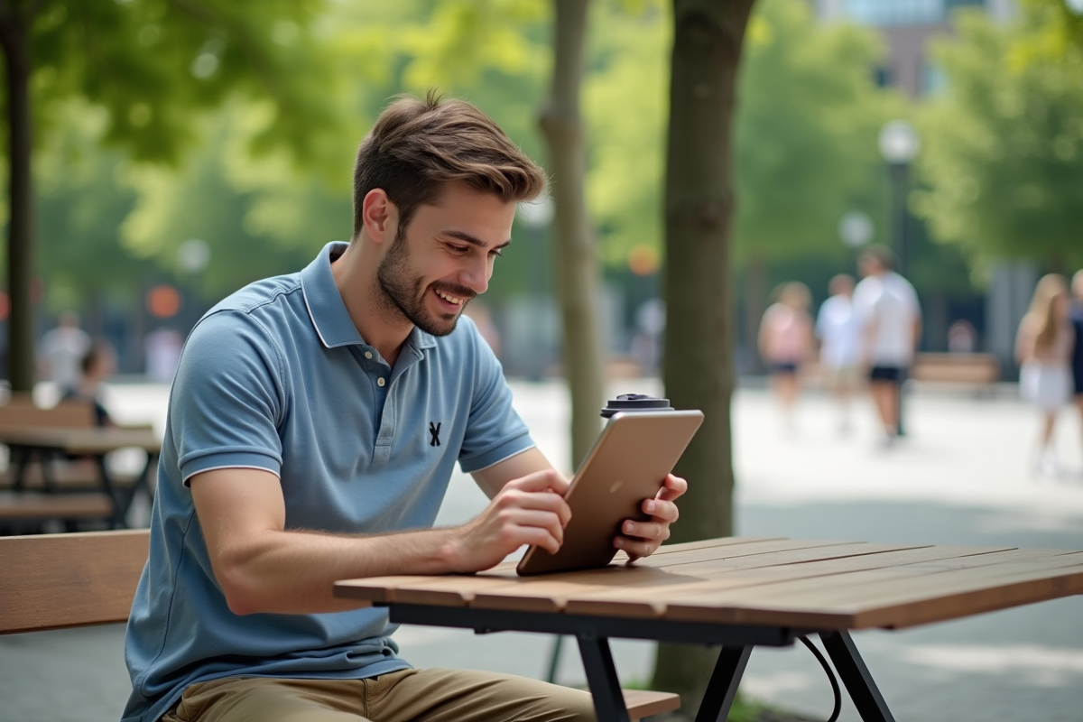 Jeune homme dehors dans un parc urbain utilisant une tablette