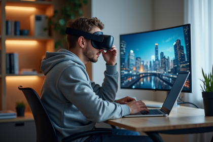 Jeune homme avec casque VR dans un bureau moderne