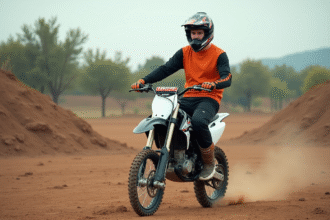 Jeune homme en motocross avec moto 125cc en extérieur