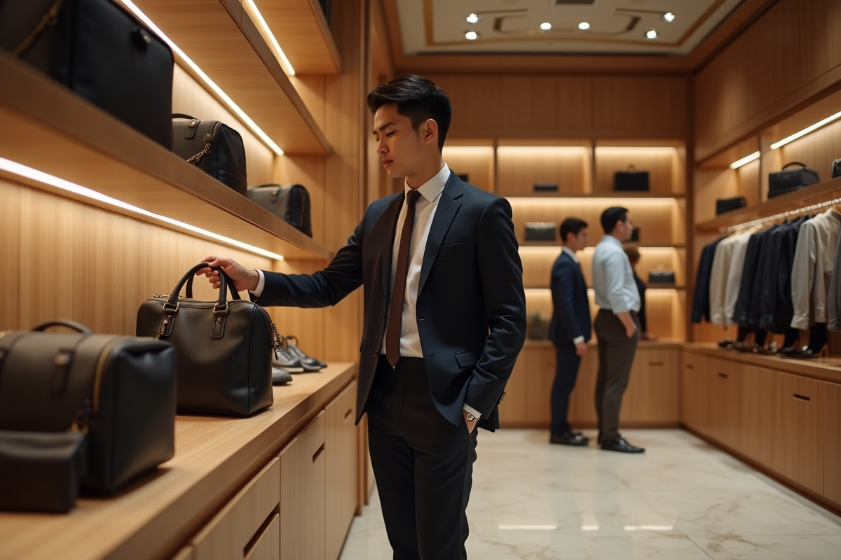 Jeune vendeur en boutique luxe manipulant un sac vide