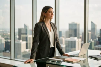 Johanna Giglia en 2026, femme ambitieuse dans un espace de coworking moderne avec vue sur la ville, symbolisant ses nouveaux projets professionnels