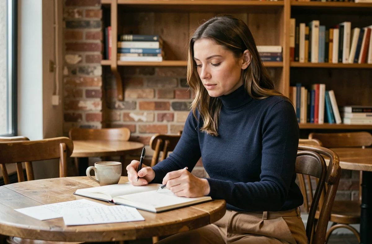 Johanna Giglia planifiant ses ambitions 2026 dans un café parisien, carnet ouvert et tasse de café sur une table en bois