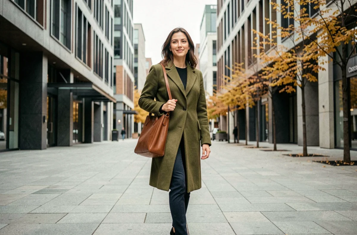 Johanna Giglia marchant avec assurance dans une avenue moderne en automne, illustrant ses nouveaux défis et projets en 2026