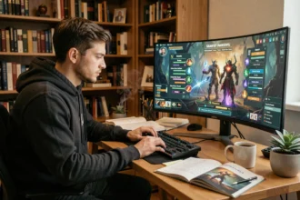 Joueur adulte concentré devant un écran d'ordinateur affichant l'interface de progression d'un personnage dans le jeu Dofus 3, entouré de notes de stratégie dans un bureau cosy
