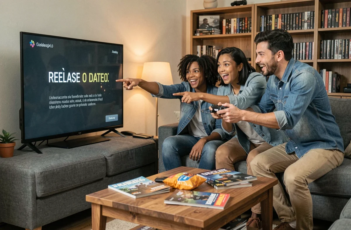 Groupe de joueurs excités regardant une annonce de date de sortie de GTA 6 sur un écran de salon en 2026