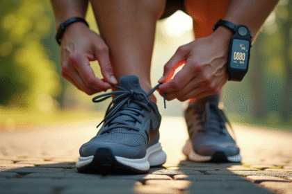 Personne nouant ses chaussures de course sur un chemin ensoleille