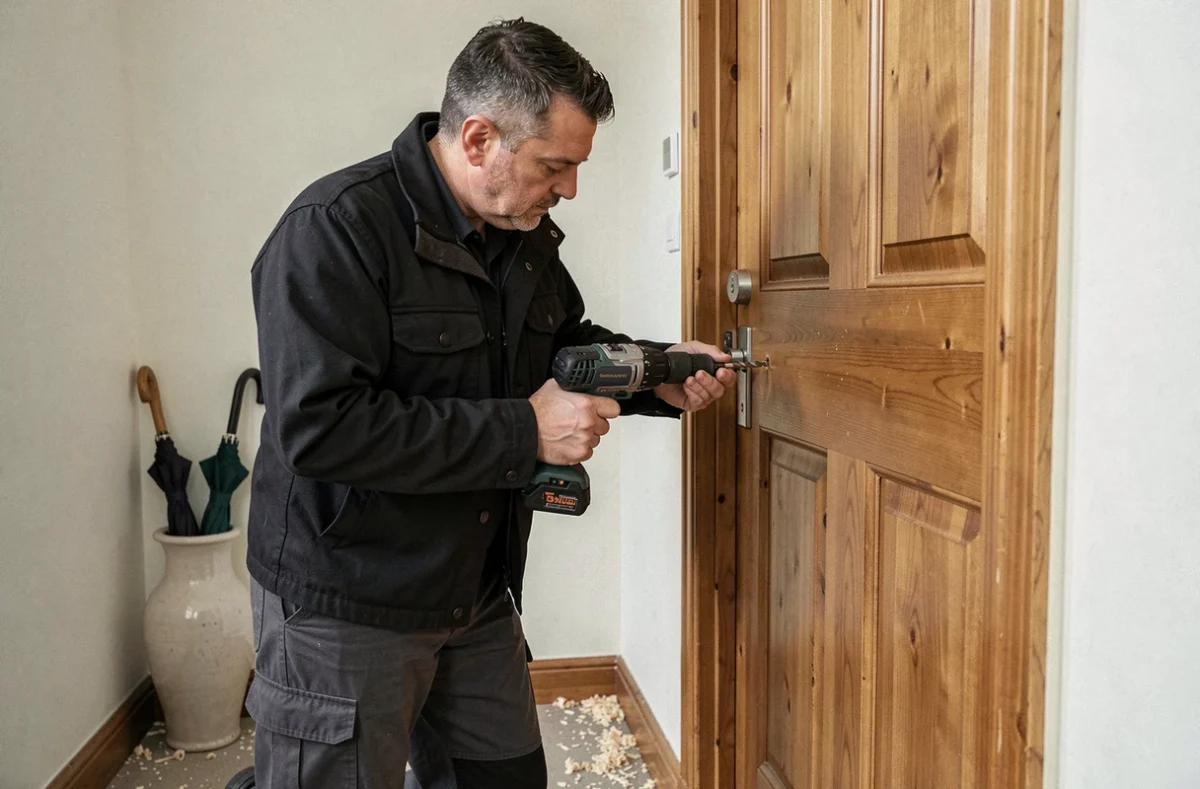 Serrurier Lasne perçant une porte en bois massif pour installer un nouveau cylindre dans une entrée résidentielle