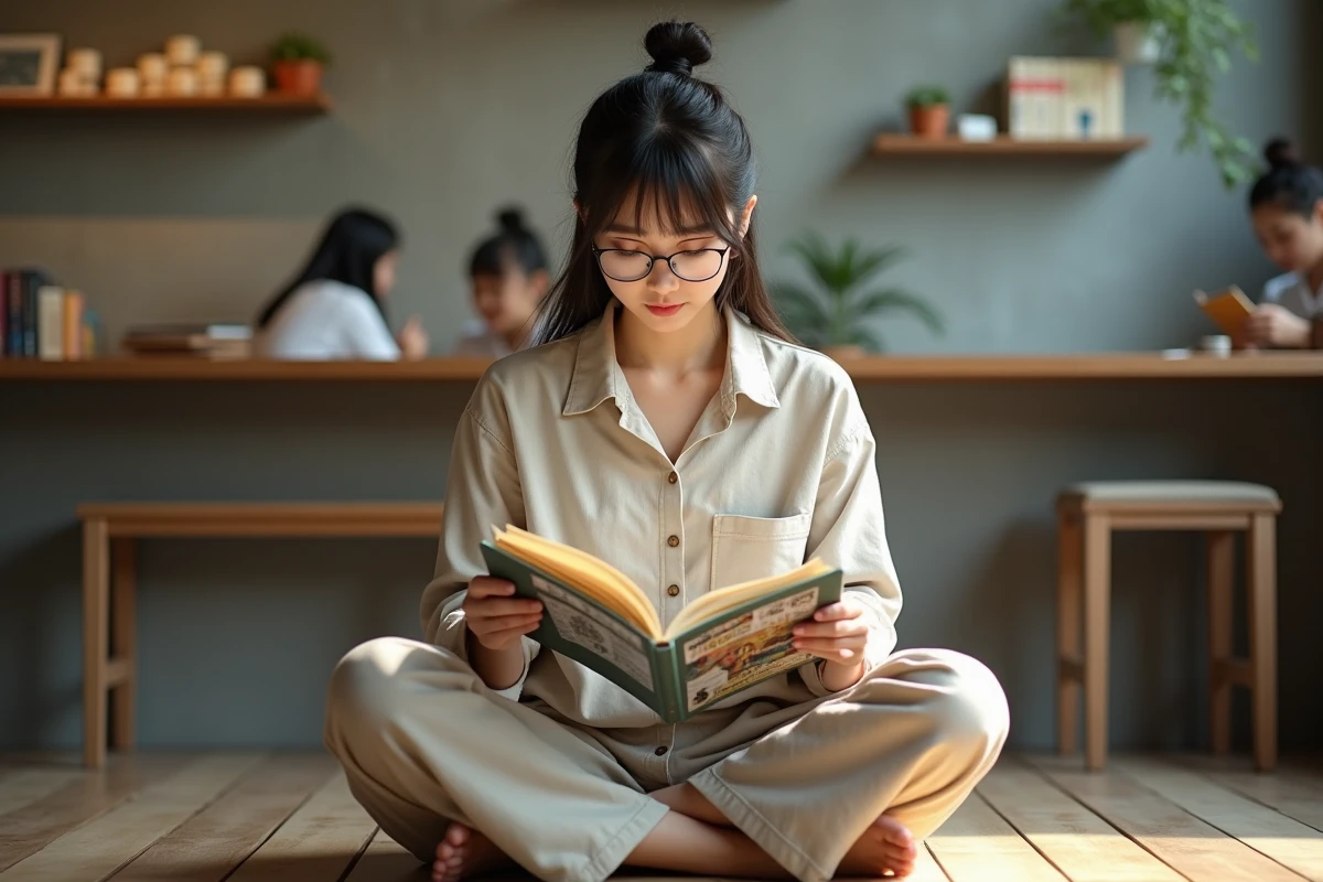 Jeune femme lisant un manga japonais dans un café moderne au Japon avec un light novel posé sur les genoux expression concentrée