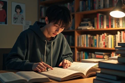 Jeune homme lisant un scan de manga et un light novel japonais sur un bureau encombré de volumes manga dans une chambre japonaise