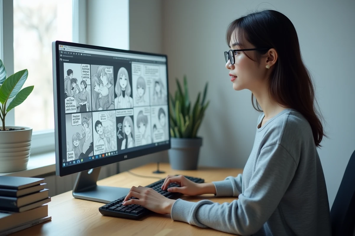 Jeune femme lisant des scans de manga en français sur un écran d'ordinateur dans un bureau minimaliste