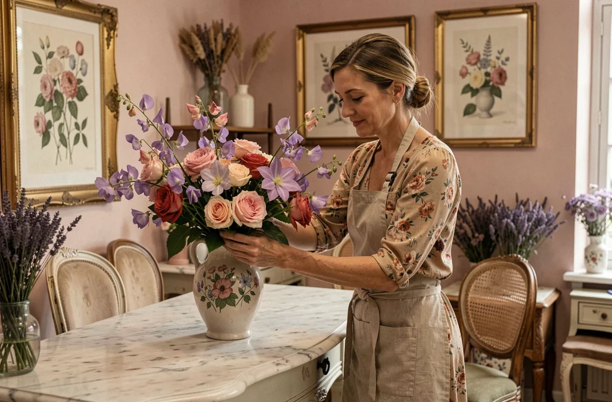 Fleuriste Les Fleurs d'Agrippine assemblant un bouquet romantique dans sa boutique au décor vintage parisien
