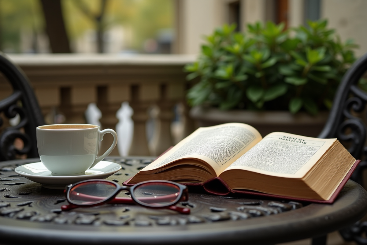 Livre vintage ouvert sur une terrasse parisienne avec tasse et lunettes