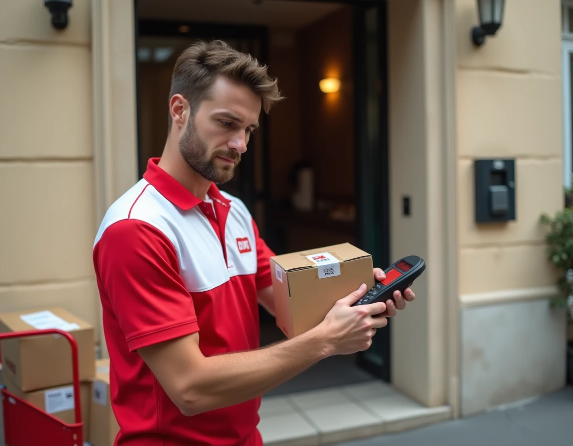 Livreur DPD en uniforme rouge scannant un code-barres sur un colis devant un immeuble résidentiel urbain