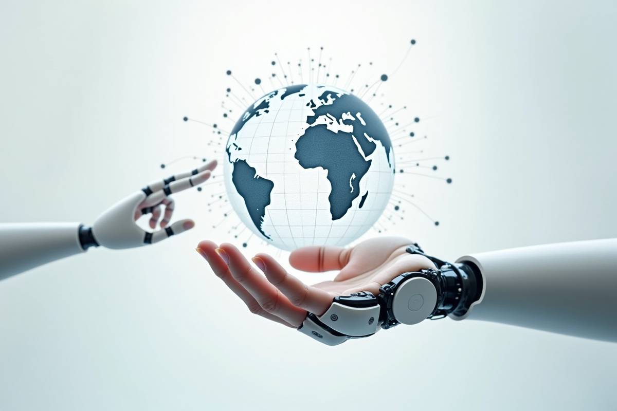 Main humaine et robot tenant un globe digital connecté