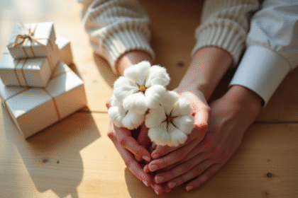 Mains d'un couple tenant un bouquet de coton blanc délicat