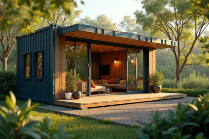 Petite maison container entourée de verdure lumineuse