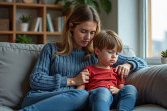 Maman et son fils dans le salon avec livres et plantes
