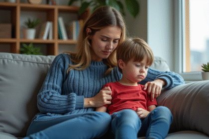 Maman et son fils dans le salon avec livres et plantes