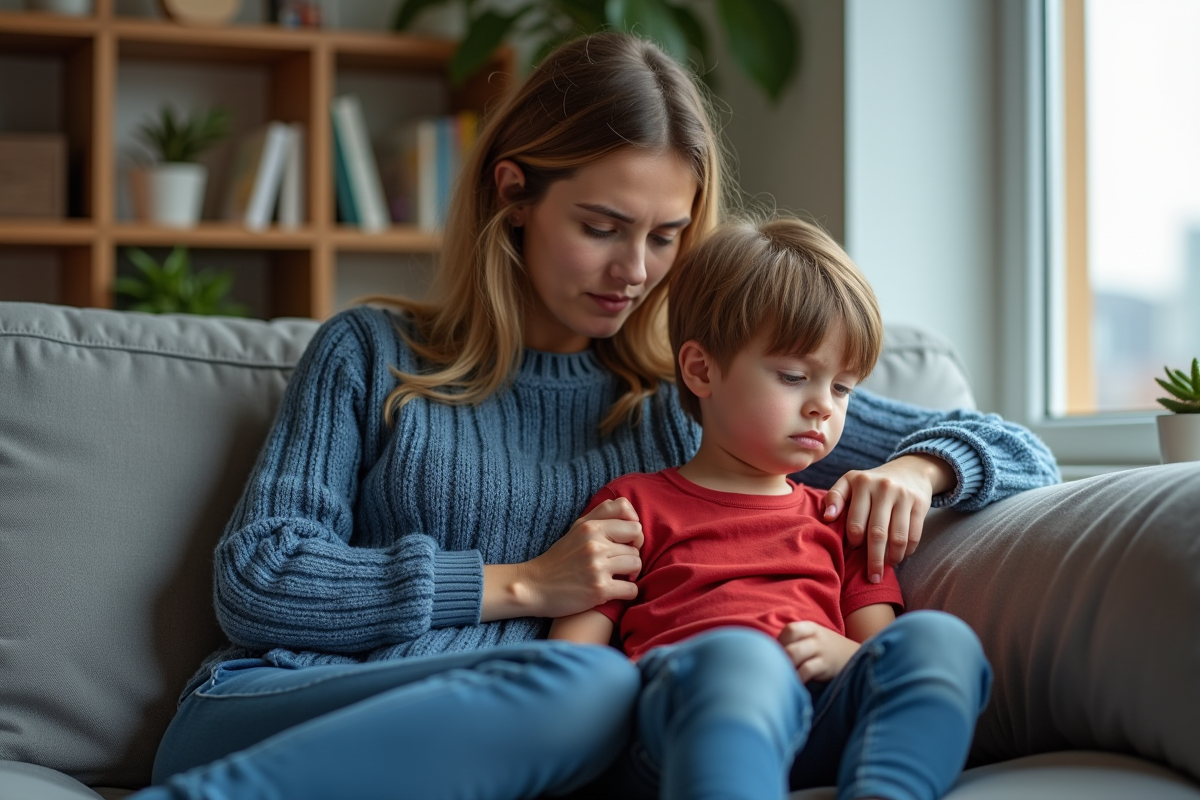 Maman et son fils dans le salon avec livres et plantes