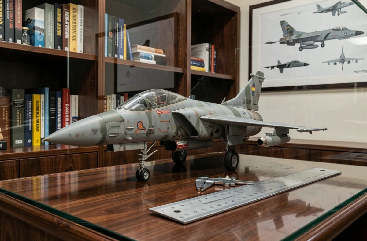 Maquette de F-4 Phantom II à l'échelle 1/48 exposée dans une vitrine avec calipers et références techniques