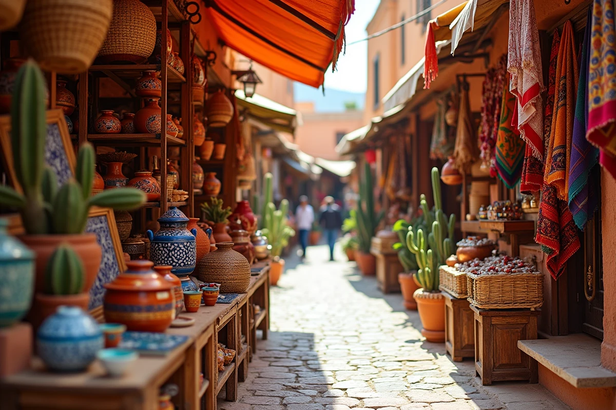 Marché artisanal mêlant objets berbères, céramiques andalouses et textiles sud-américains illustrant des influences culturelles multiples