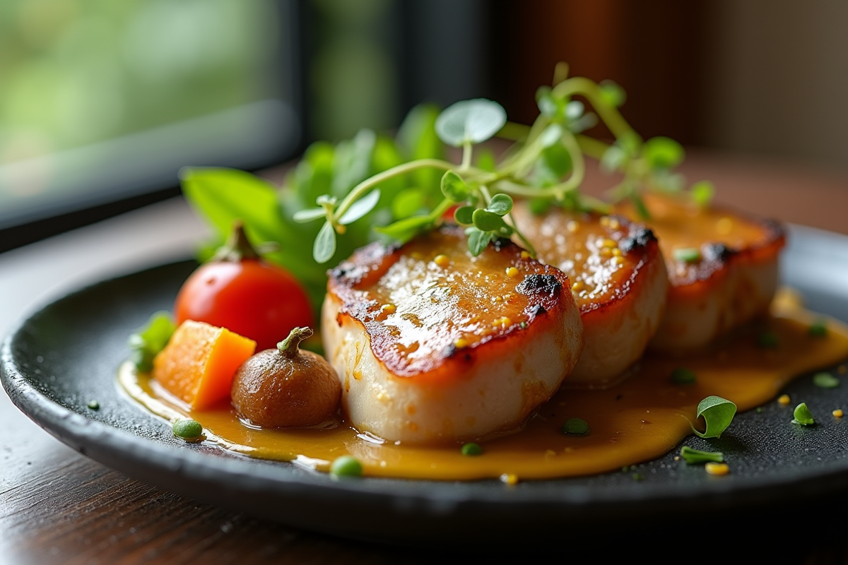 Medaillons de lapin avec légumes et microgreens sur assiette sombre