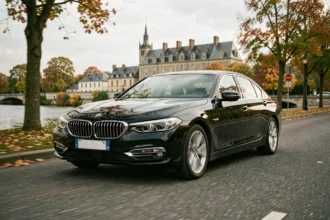 Chauffeur VTC en Seine-Maritime roulant sur une route normande avec Rouen en arrière-plan