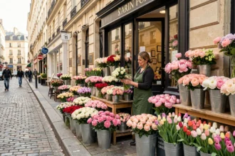 Devanture colorée d'un fleuriste dans les Hauts-de-Seine avec bouquets variés exposés sur le trottoir