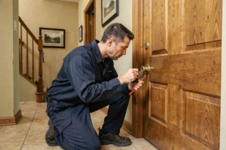 Un serrurier professionnel travaille sur une porte d'entrée en bois dans le Cher, illustrant le classement des meilleurs serruriers de la région