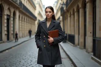 Femme portant un manteau structuré en laine devant une façade haussmannienne parisienne, évoquant l'esthétique des faubourgs historiques dans la mode contemporaine