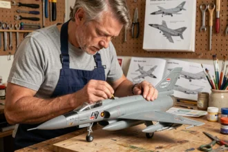 Modéliste adulte appliquant des décalcomanies sur une maquette de F-4 Phantom à l'échelle 1/72 dans un atelier
