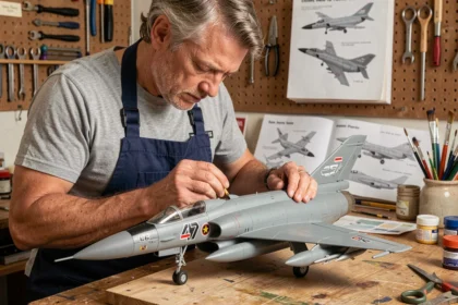Modéliste adulte appliquant des décalcomanies sur une maquette de F-4 Phantom à l'échelle 1/72 dans un atelier