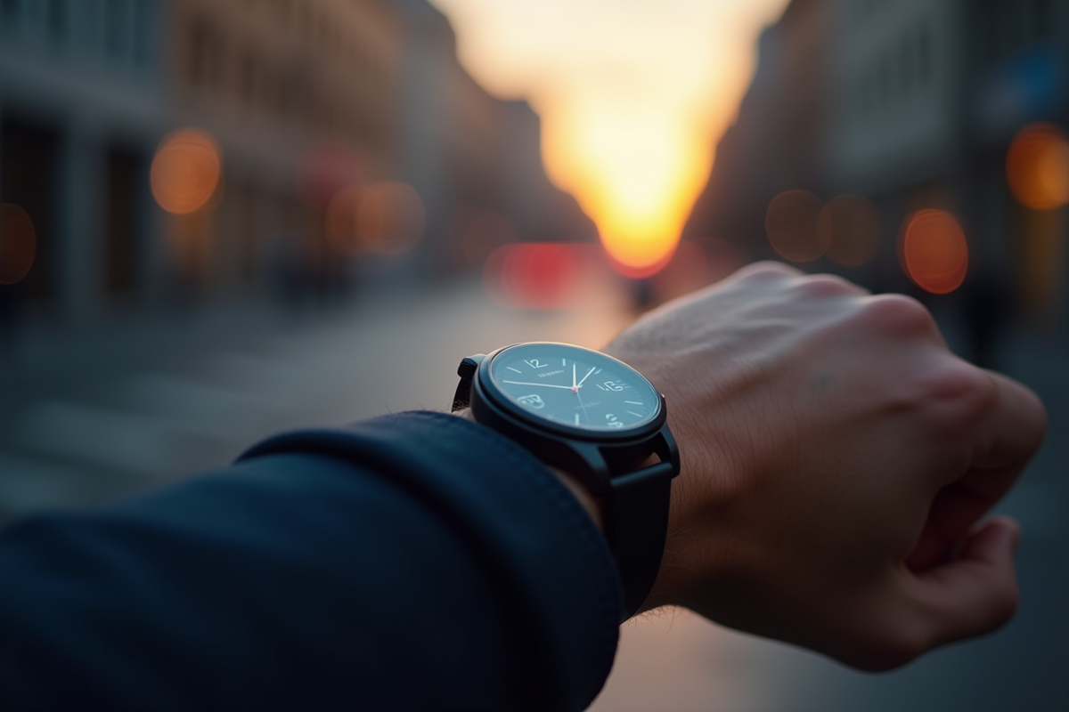 Personne regardant sa montre au lever du soleil