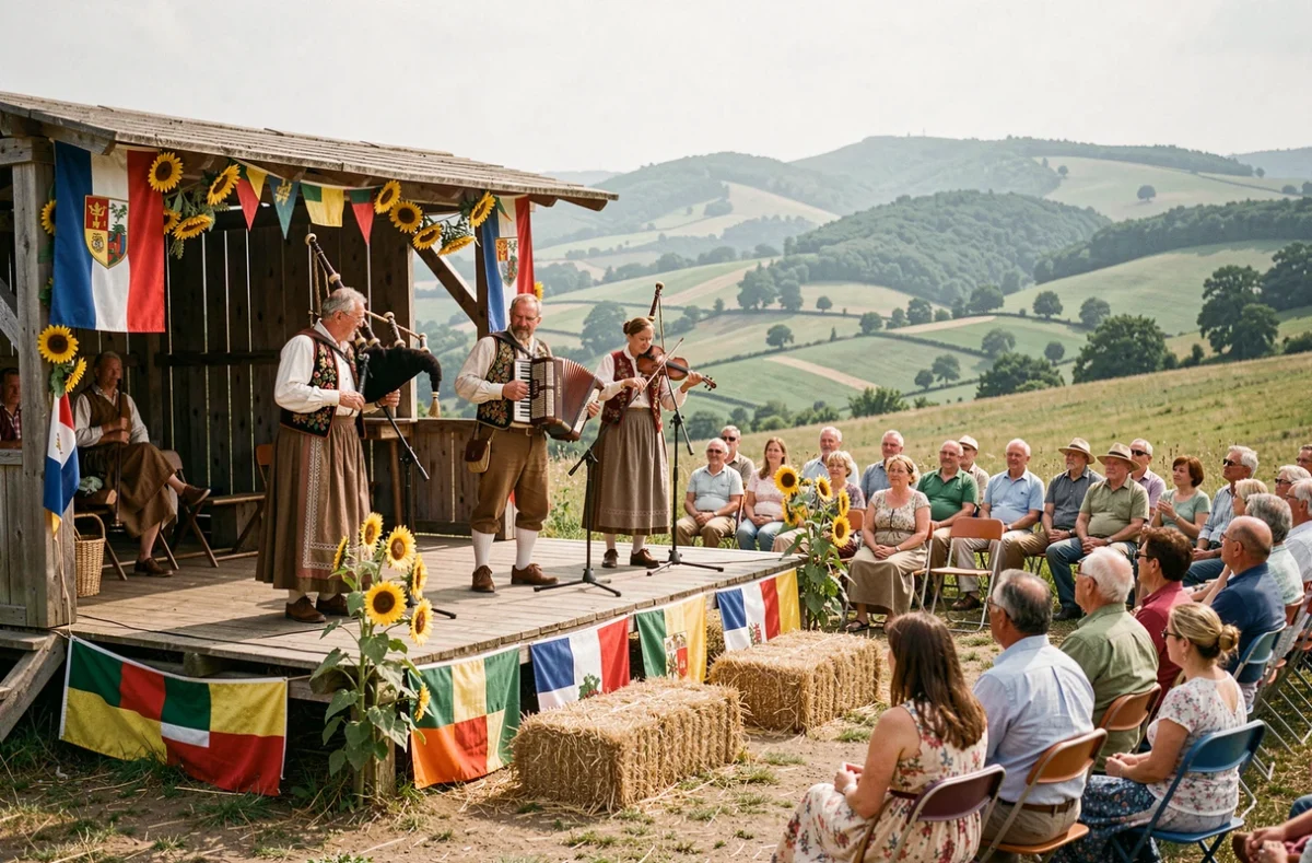Musiciens folkloriques jouant de l'accordéon et de la cabrette lors d'une fête traditionnelle en Aveyron devant un public familial