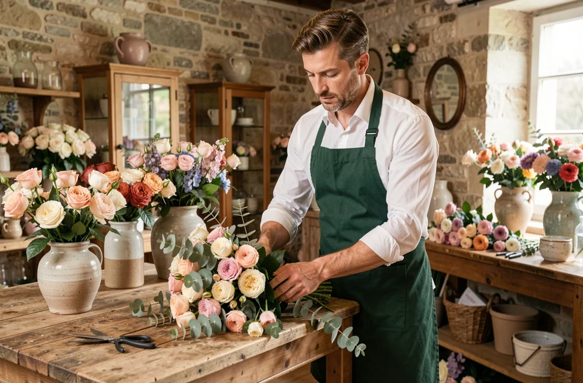 Artisan fleuriste Nicolas Antoine assemblant un bouquet de roses dans son atelier élégant