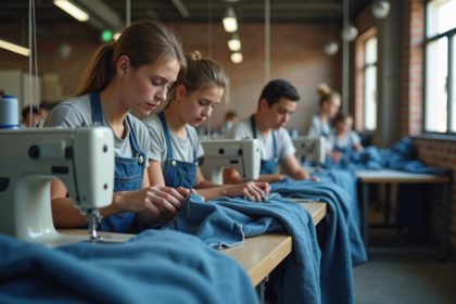 Jeunes ouvriers textiles en atelier de denim