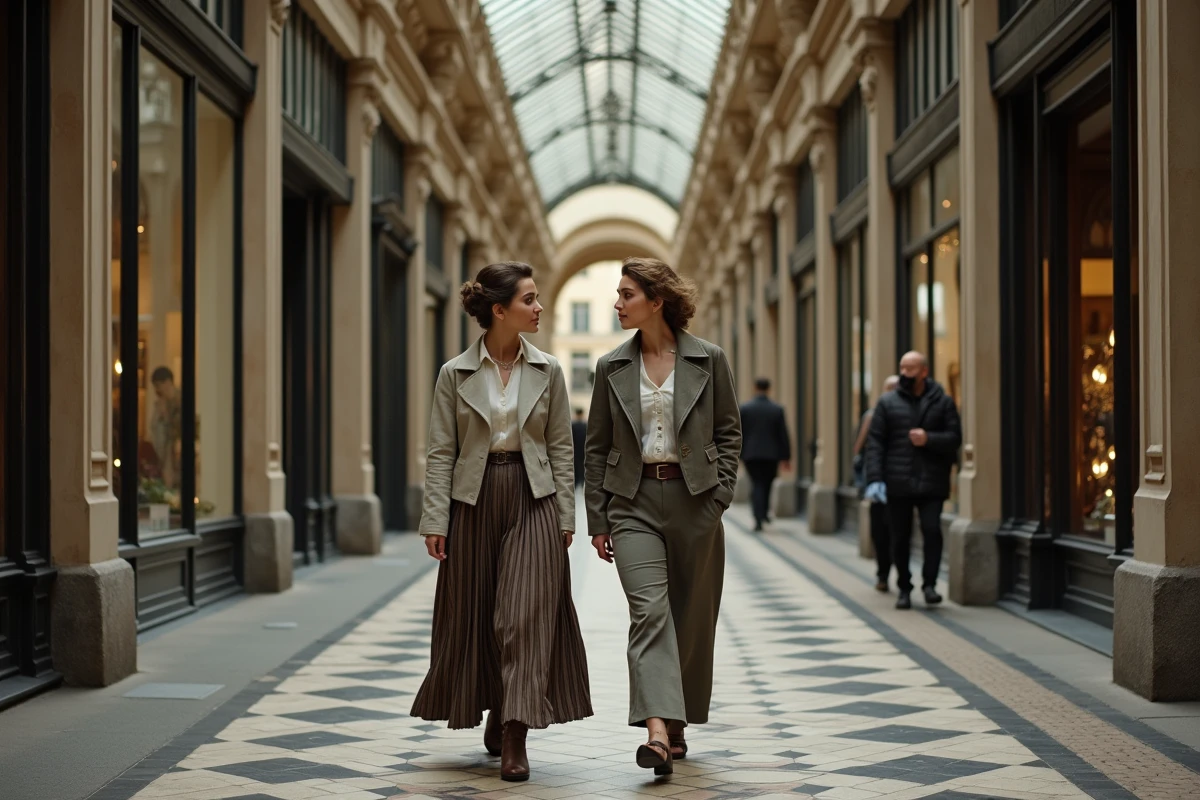Deux femmes en tenues inspirées de la mode des passages couverts parisiens marchant dans une galerie historique aux carrelages en damier noir et blanc