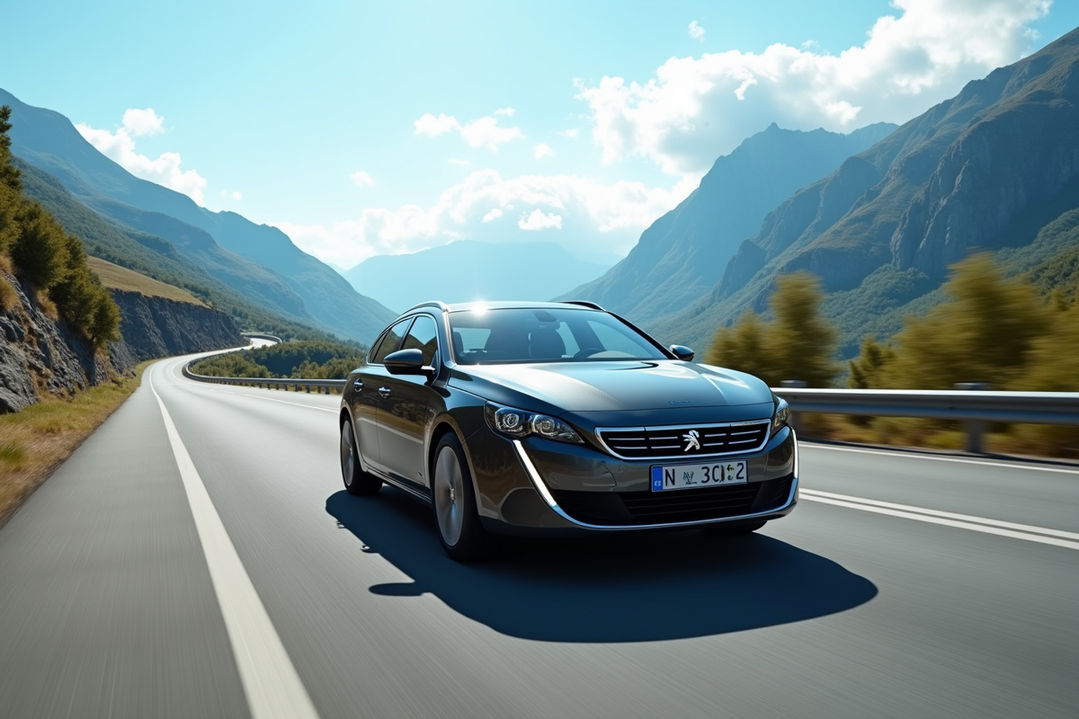 Peugeot 508 PSE en conduite sur une route de montagne en journée