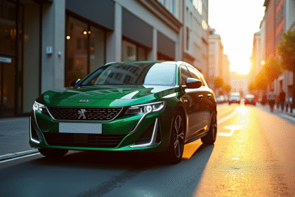 Peugeot 508 PSE stationnée en ville au lever du soleil