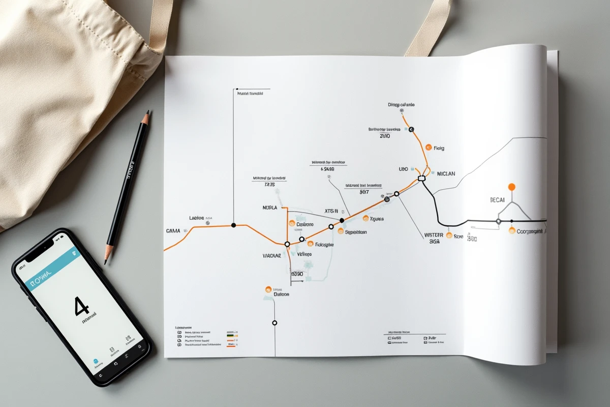 Plan imprimé du métro parisien ligne 4 à plat avec smartphone et crayon sur béton