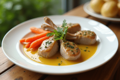 Assiette en porcelaine blanche avec lapin en sauce moutarde
