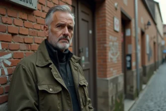 Portrait d'un homme d'âge mûr devant un mur recouvert d'affiches historiques antifascistes dans une ruelle européenne pavée