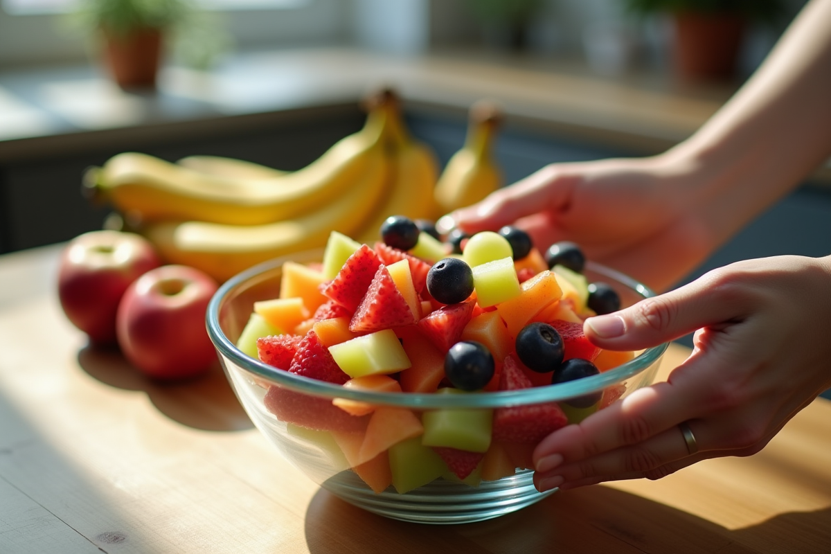 Mains préparant une salade de fruits colorée